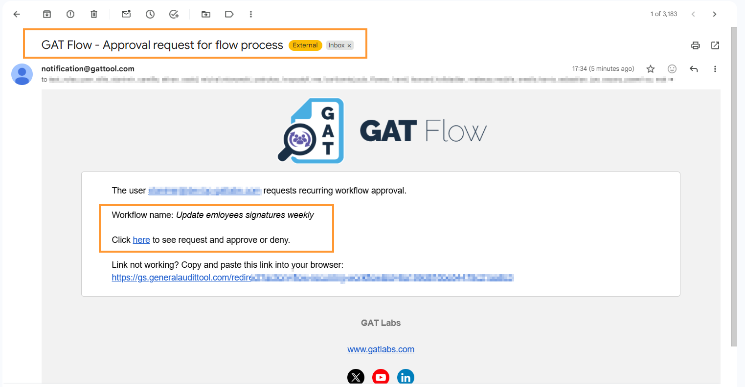 Important Note: For Event and Recurring workflow – by default Security Officer must approve the request.
The “pre-approved” (selected above) is for the Actions on the workflow to run without approval; the Event workflow itself must be approved.
When the request is sent, an automatic email will be sent to the Security officers of your domain.