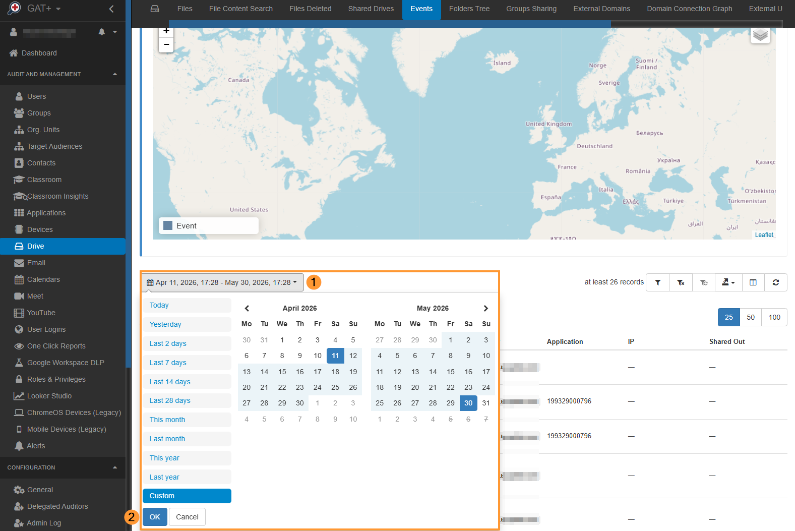 Selecting the date range for the drive events on GAT+