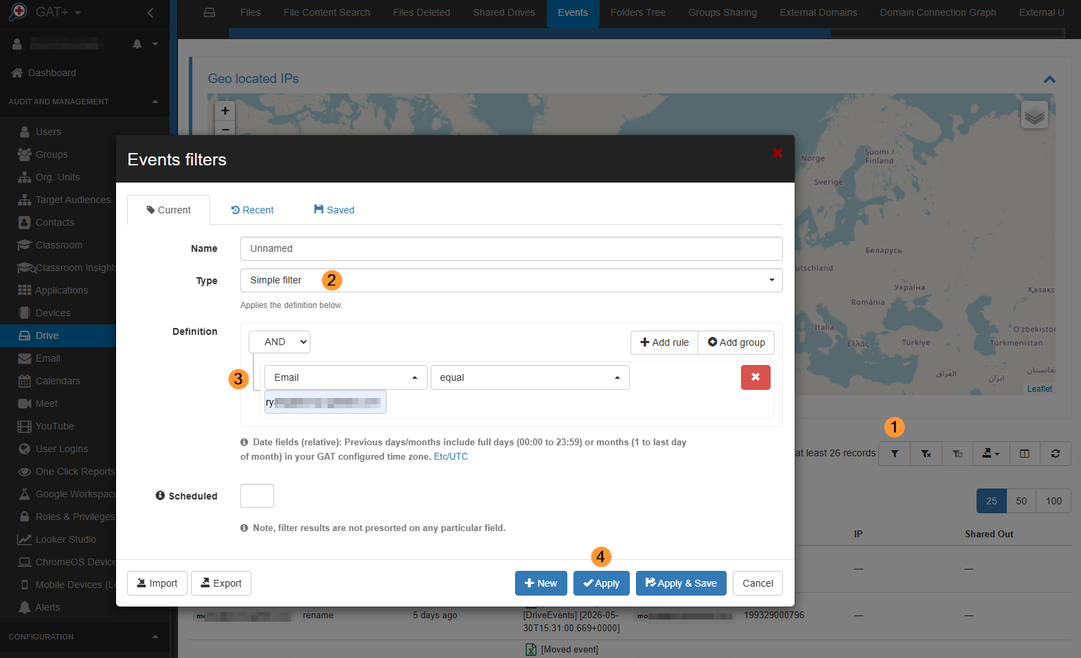 Applying a filter in GAT+ drive events