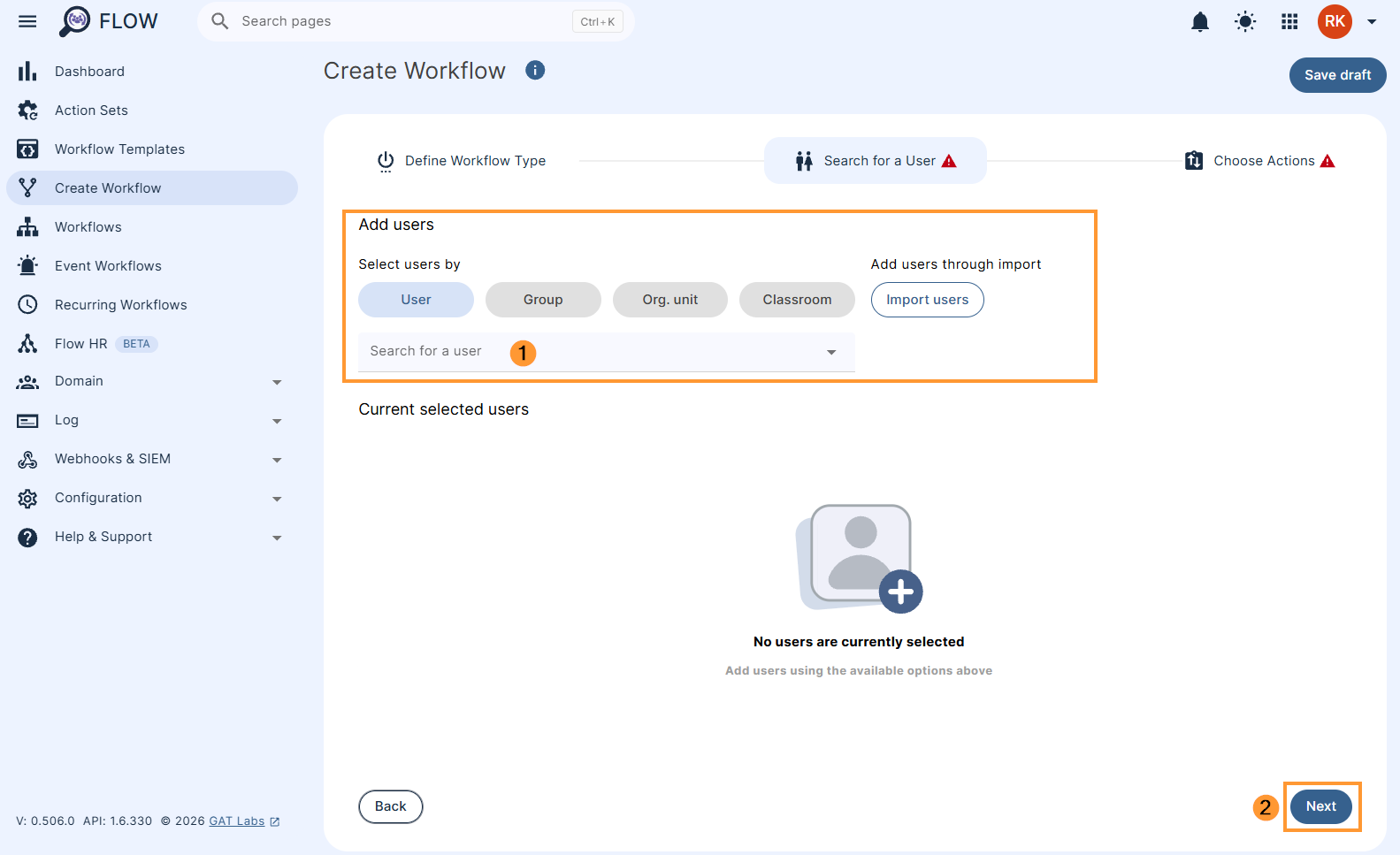 Select user, department, or OU to set up workflow