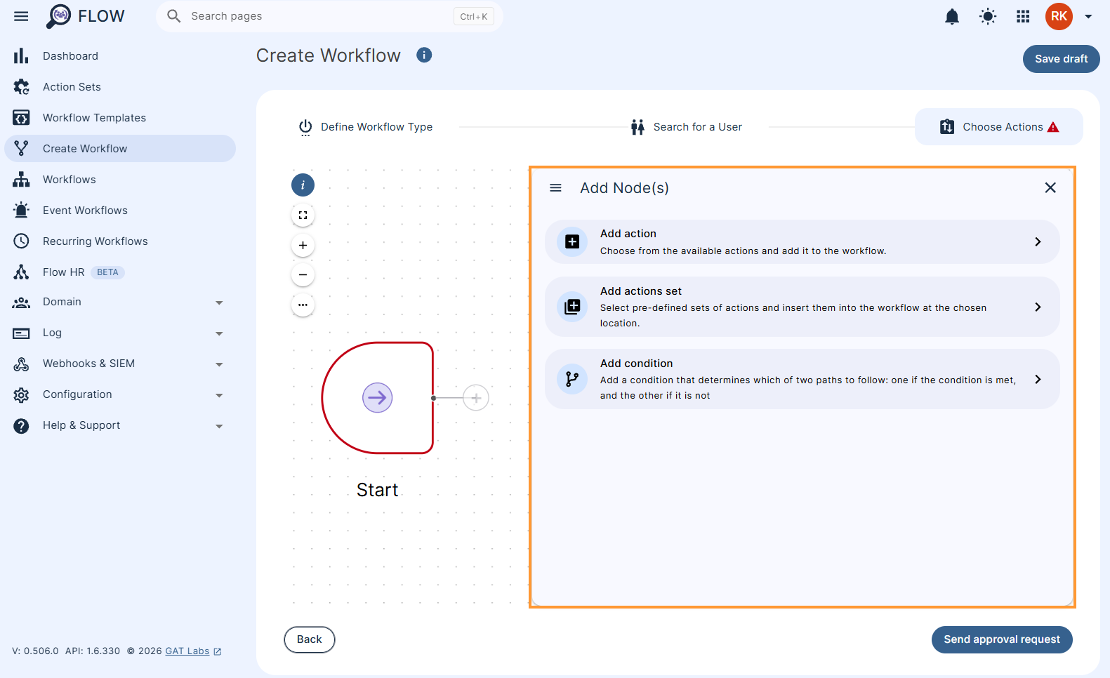 Add Node(s) section of Choose Actions in workflow