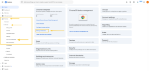 Here is a comprehensive, structured visual description of the image suitable for vision-language dataset training, visual question answering (VQA), or visual grounding tasks.Image SummaryType: Web Application UI Screenshot / Software Tutorial GraphicSoftware: Google Admin ConsoleTheme: Light mode UI with dark text, blue active states, and light grey background tiles.Overlays: Annotated with custom yellow geometric shapes (arrows and boxes) highlighting specific navigation paths.Layout & Component Breakdown1. Top Header BarLeft: Google "Admin" logo.Center: Search bar with placeholder text: Ask me anything, e.g. how to create a support email ID for my company.Right: Action icons including Notification Bell, Profile/Account Switcher, Help, "Alpha" tag, and a user profile avatar (letter "J").2. Left Navigation Menu (Sidebar)A collapsible vertical menu listing primary navigation sections:Home (Active tab, highlighted in light blue)DashboardDirectoryChrome browserDevices (Expanded sub-menu)OverviewChrome (Nested expanded sub-menu)Setup guideDevicesEnrolment tokensSettingsApps and extensionsWeb capabilitiesConnectorsPrintersReportsComplianceMobile and endpointsNetworksAppsGenerative AISecurity3. Main Workspace / Dashboard GridA multi-tile grid layout containing management summary cards:Card TitleCard Content / Sub-linksChrome Enterprise• Metric 1: Enrolled browsers: 0• Metric 2: Managed profiles: 54• Links: Set up Chrome Browser Cloud Management, Enrol a browser, Configure browser policies, Manage extensions, Detect sensitive data transfersChromeOS device managementChrome logo graphic, description text, and blue link: Start 30-day device management trial.GroupsCreate groups for mailing lists and applying policiesAccount settingsManage your organisation's profile and preferencesReportingMonitor your organisation's user and admin activityRulesManage rules to set alerts and actionsSupportConnect with the Help AssistantAppsManage web and mobile app access and settingsDevicesManage devices and secure your organisation's dataOrganisational unitsOrganise users into units for applying policiesSecurityConfigure security settings, and view alerts and analyticsBuildings and resourcesManage and monitor your buildings, rooms and resourcesExternal directoriesManage your external directoriesAdmin rolesAssign roles to control permissions for the Admin consoleStorageManage your organisation's shared storageOverlay Annotations & Visual GroundingThe image contains yellow visual annotations pointing out two distinct workflows for managing Chrome extensions:Sidebar Navigation Path:A large yellow bounding box encloses the expanded Devices item in the sidebar menu.Yellow horizontal arrow 1: Points left-to-right at Devices.Yellow horizontal arrow 2: Points left-to-right at the nested Chrome item.Yellow horizontal arrow 3: Points left-to-right at Apps and extensions.Dashboard Direct Link Path:A yellow bounding box surrounds the Manage extensions text link inside the Chrome Enterprise tile.Yellow horizontal arrow 4: Points right-to-left directly at the Manage extensions link.