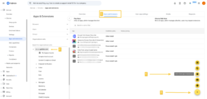 Overview
Context / Application: Google Admin Console (admin.google.com).

Page View: Devices > Chrome > Apps & Extensions management section.

Purpose: Demonstrates the process of navigating to Chrome app/extension settings, selecting an organizational unit, and adding a new Chrome app/extension by its unique ID.

Annotated Workflow Callouts (Numbered Indicators)
Callout 1 (Yellow Box): Highlights the "Users and browsers" tab at the top of the main content section under Apps & Extensions.

Callout 2 (Yellow Arrow): Points to the target domain/Organizational Unit (OU) in the left sidebar tree menu: [domain].gatlabs.com.

Callout 3 (Yellow Arrow): Points to the primary Yellow Floating Action Button (+) located in the bottom-right corner of the window used to open the addition menu.

Callout 4 (Yellow Arrow): Points to the "Add the Chrome app or extension by ID" pop-up menu option (represented by a 3x3 grid icon) revealed when hovering over or expanding the + button.

Detailed Interface Breakdown
1. Top Navigation Bar
Left: "Admin" logo with menu button.

Center: Search bar with prompt text: "Ask me anything, e.g. how to create a support email ID for my company".

Right: Help icon, Notification bell, User profile avatar.

2. Far-Left Navigation Menu
Expanded section: Devices > Chrome

Menu items listed: Setup guide, Devices, Enrollment tokens, Settings, Apps and extensions (currently active, highlighted in blue), Web capabilities, Connectors, Printers, Reports.

Additional lower menu categories: Apps, Generative AI, Security, Data, Reporting, Billing, Account.

3. Sub-Navigation / Organizational Units Panel
Sections: Browsers, Users, Groups, Organisational units.

Organisational Units Tree:

Selected Root OU: [blurred].gatlabs.com

Sub-OUs listed below: Workspace Guests, Compromised account, Content Compliance Gmail, Endpoint Verification, Fisher, Flow, Kate, Leavers, Managers, Marketing, NoCalendar, Principals, Shield Enterprise.

4. Main Content Area (Apps & Extensions)
Header Tabs: Users and browsers (selected), Overview, User app settings, Kiosks, Requests.

Policy Banners:

Play Store: Allow all apps, admin manages blocklist

Chrome Web Store: Block all apps, admin manages allowlist, users may request extensions

Search / Filter Input: "Search or add a filter"

App List Table Columns: App, Installation policy, Version pinning

Table Entries (Sample Rows):

Google Vids Screen Recorder | ID: iklnmbgdcppplombfifiicjamgoeifm | Policy: Allow install

Awesome Screen Recorder & Screenshot | ID: nilcoenfblkpjkfkpfilicgkobligpmj | Policy: Allow install

Blurred App Name | Policy: Force install + pin

Helix Fruit Jump Arcade Game | ID: jhegmncopcbmnnmcdaobcepckamekoomb | Policy: Allow install

Blurred App Name | Policy: Force install + pin

Blurred App Name | Policy: Force install + pin

5. Action Menu (Bottom Right)
Stacked circular icons above the main yellow + button:

Box / Grid icon

Globe icon (Chrome Web Store)

3x3 Grid icon (Tooltip active: "Add the Chrome app or extension by ID")

YouTube icon

Play Store icon

Yellow + Action button at base