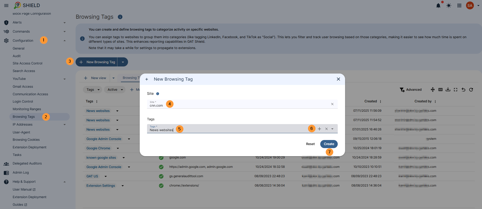 Adding new browisng tag - click on the left side menu on browising tags then + button new browsing tag a pop up window will be displayed then enter site - enter the site url and below the tags - enter the tag then the + button on the right side on the same field then the create button 