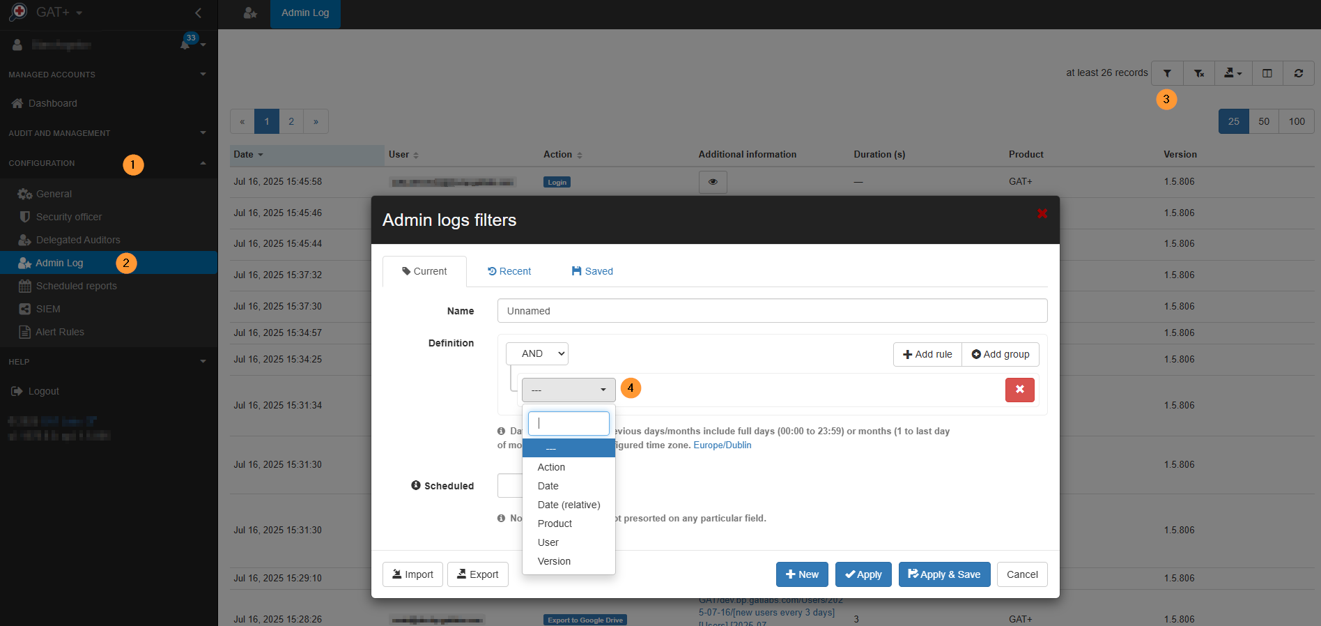 on the left side click on configuration then admin log then on top right side there is funnel icon click and admin log filters pop up window will be displayed - from the pop up window under definition select the button with 3 dashes and filter option will be displayed select any of the options avalialbe to search for what you need then click on the apply blue button below