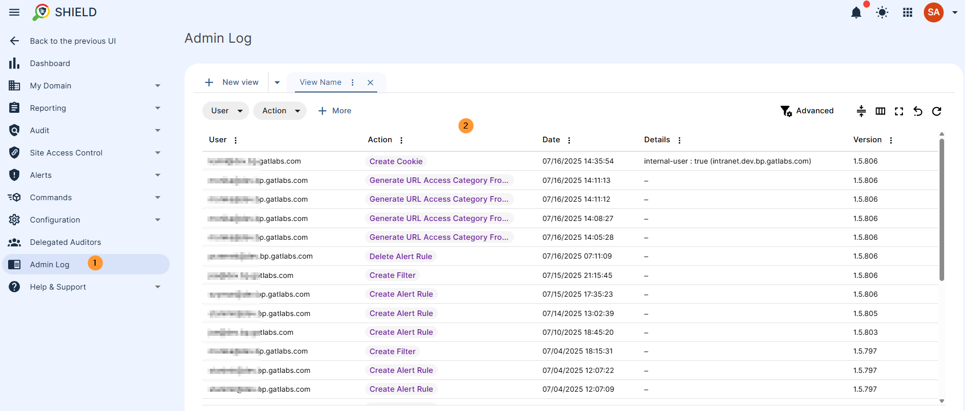 Admin log will display all the logs and actions taken by any admin/delegated auditor within the tool - select User or Action or click More for more filter options to be displayed - when "user" button is clicked  placeholder to enter email will be displayed enter and filter for user  will be applied