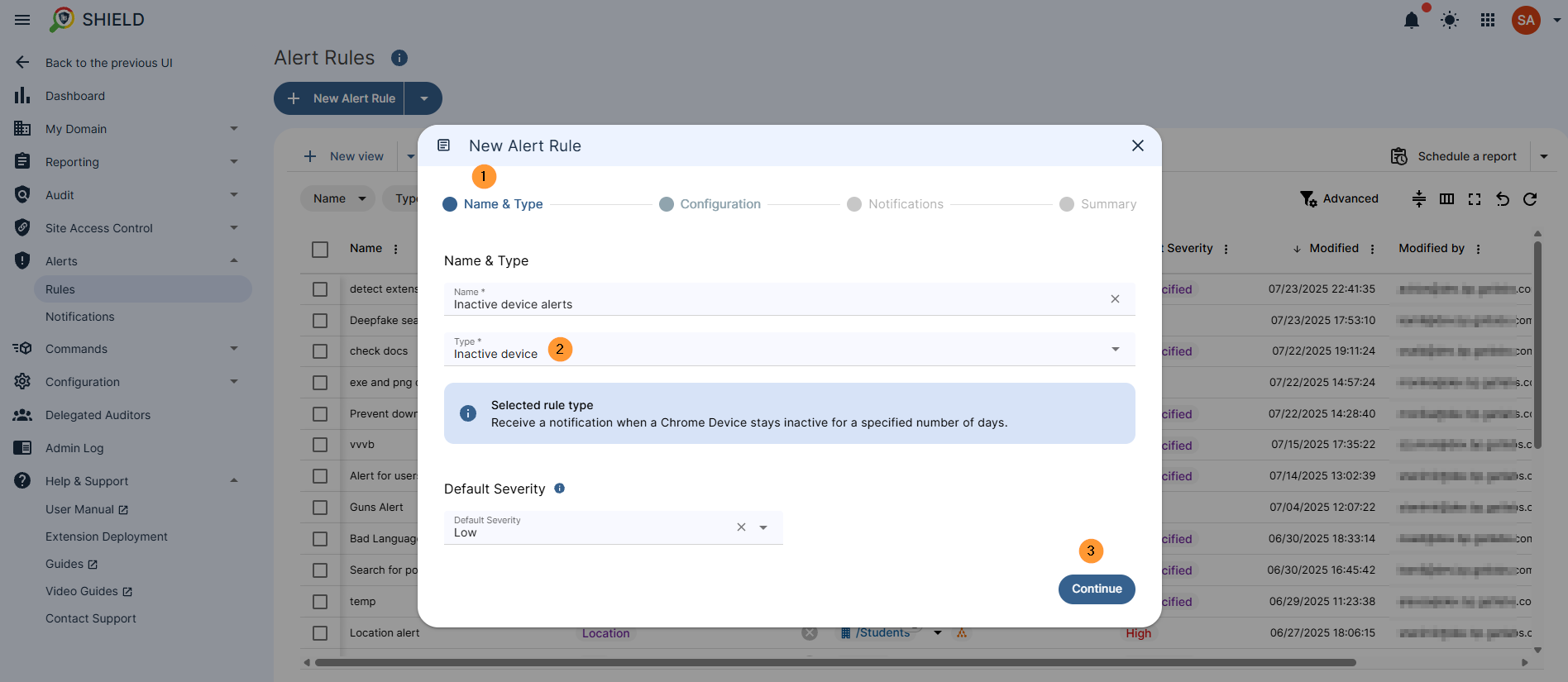 A pop-up window for creating a New Alert Rule is displayed, prompting the user to fill in several fields. Under Name & Type, the Name field requires a user-defined name for the alert, while the Type field, a dropdown menu, select Inactive device. Finally, a Default severity dropdown allows the user to set the importance level for notifications generated by this rule.