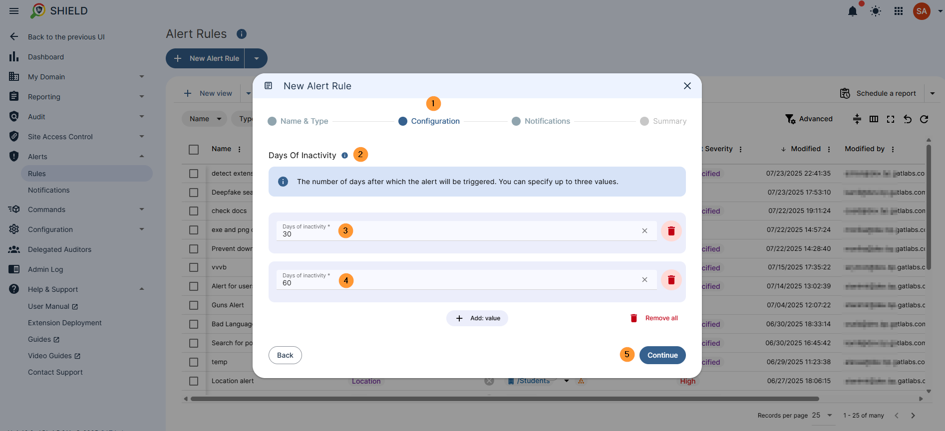In the configuraion section fill in and enter the days of inactiivty - The number of days after which the alert will be triggered. You can specify up to three values. 