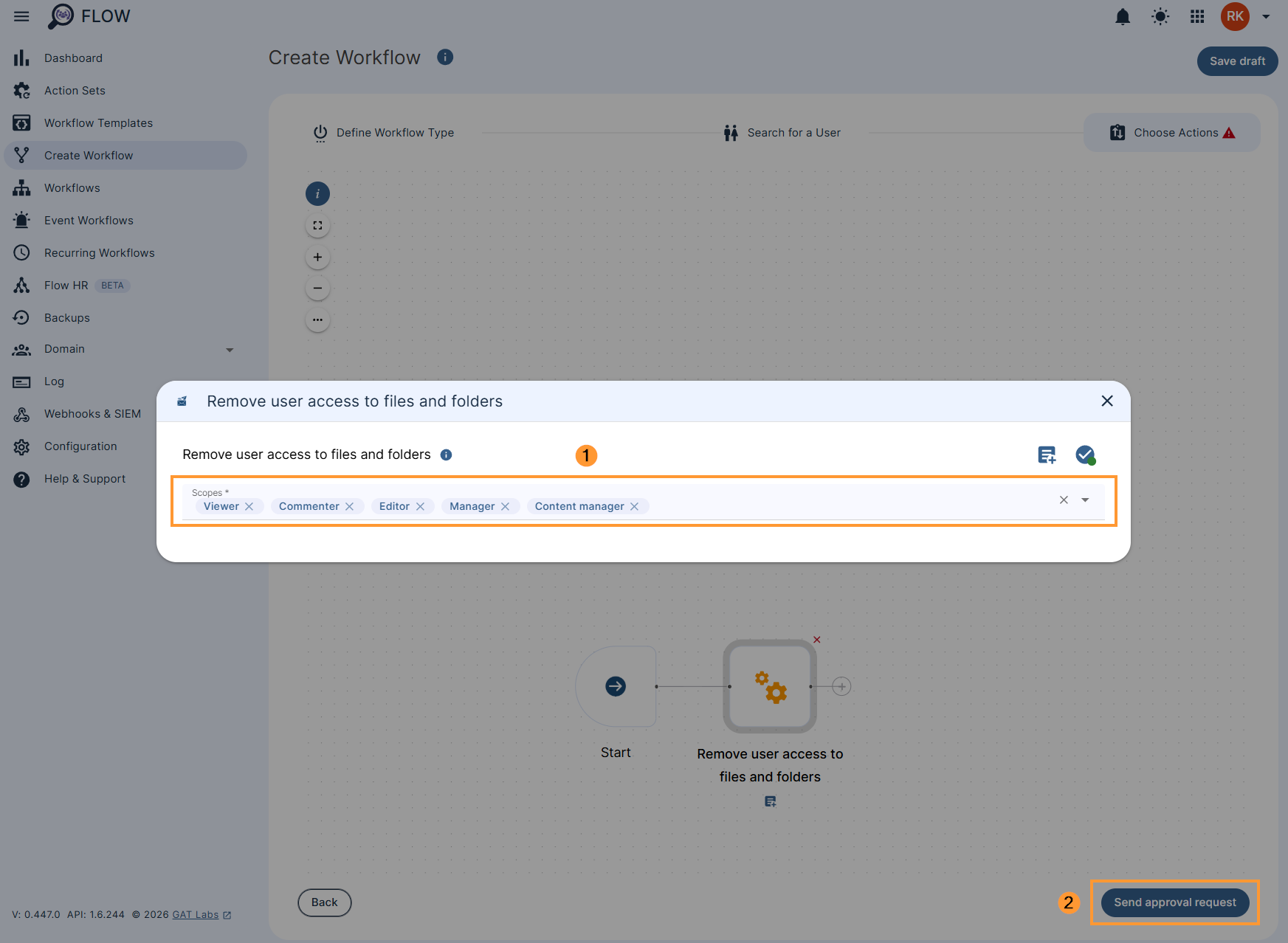 Configuring the 'Remove user access to files and folders' action in a GAT Flow workflow
