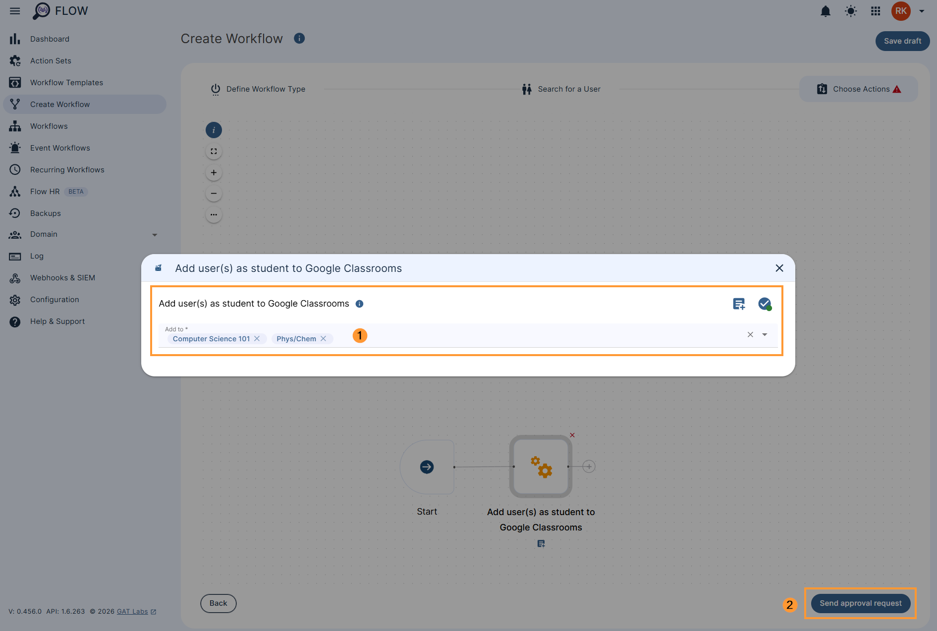 Configuring the settings for the 'Add user(s) as student to Google Classrooms' action