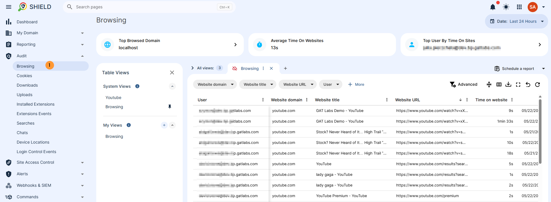 To check this data, navigate to the GAT Shield > Audit > Browsing. Filter for what you need. Website domain Website URL Website title User Etc