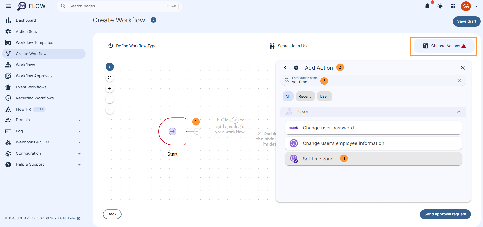 From the next screen, press the first '+' button to add an action, and select 'Set time zone' from the list.