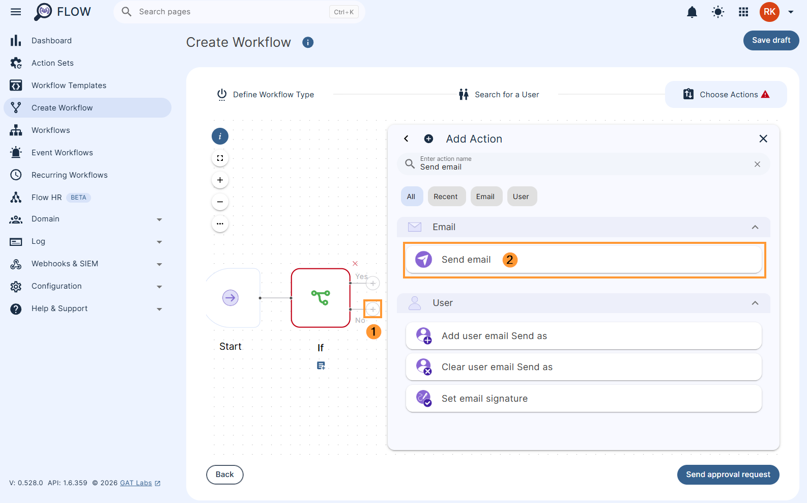 Adding the 'Send email' action to the no path of a condition in flow