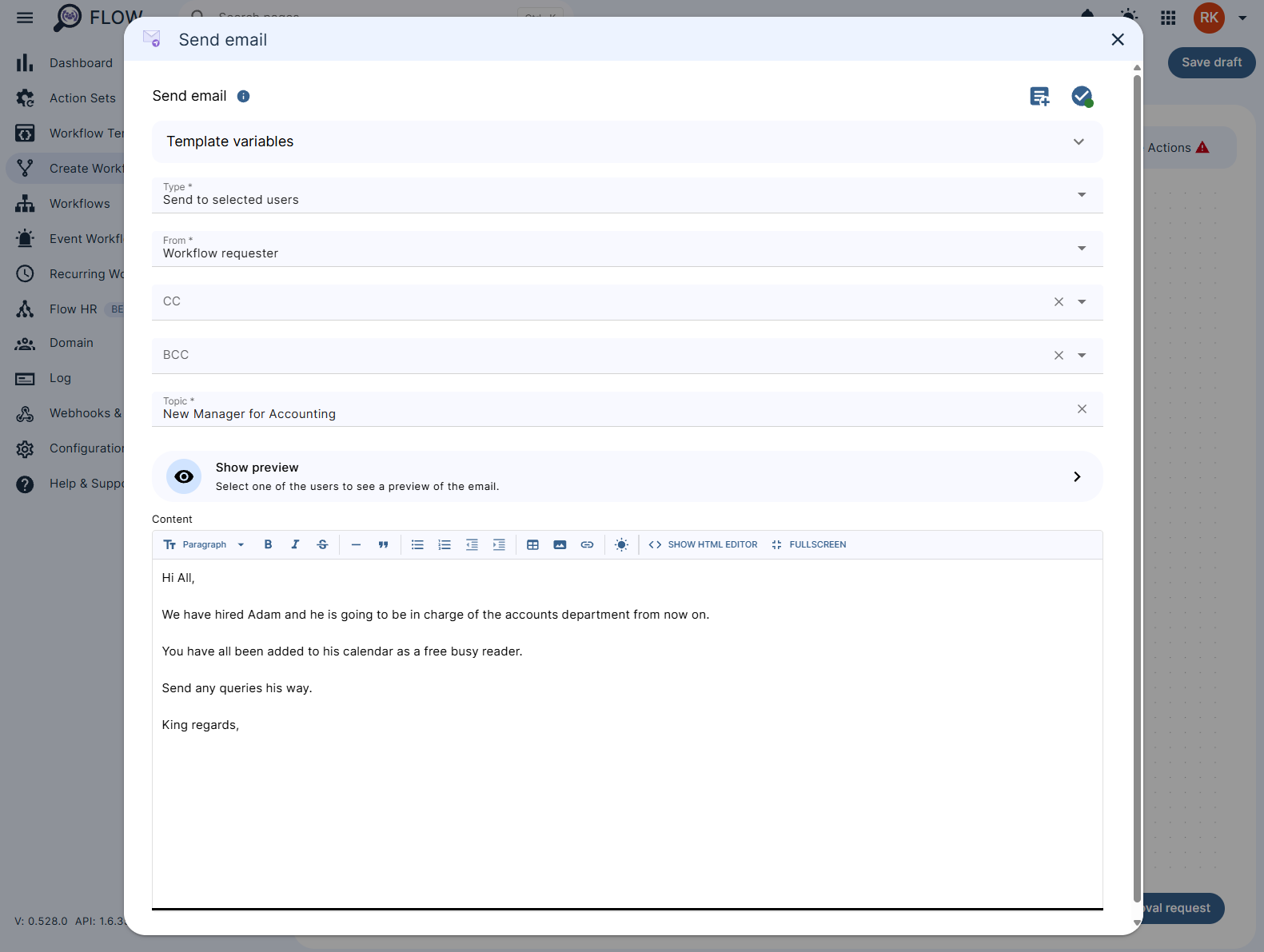 Configuring the send email action