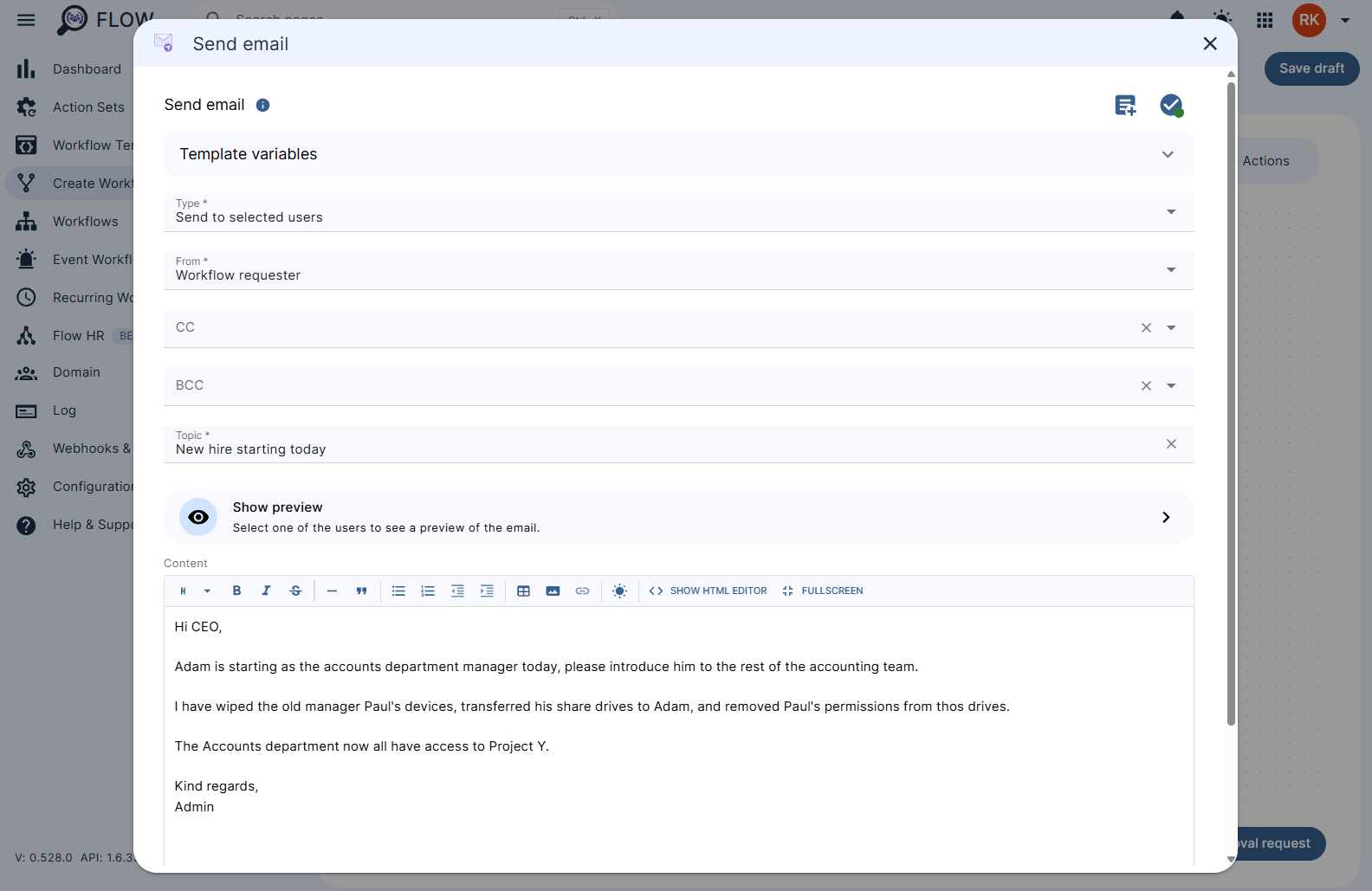 Configuring the send email action in a workflow