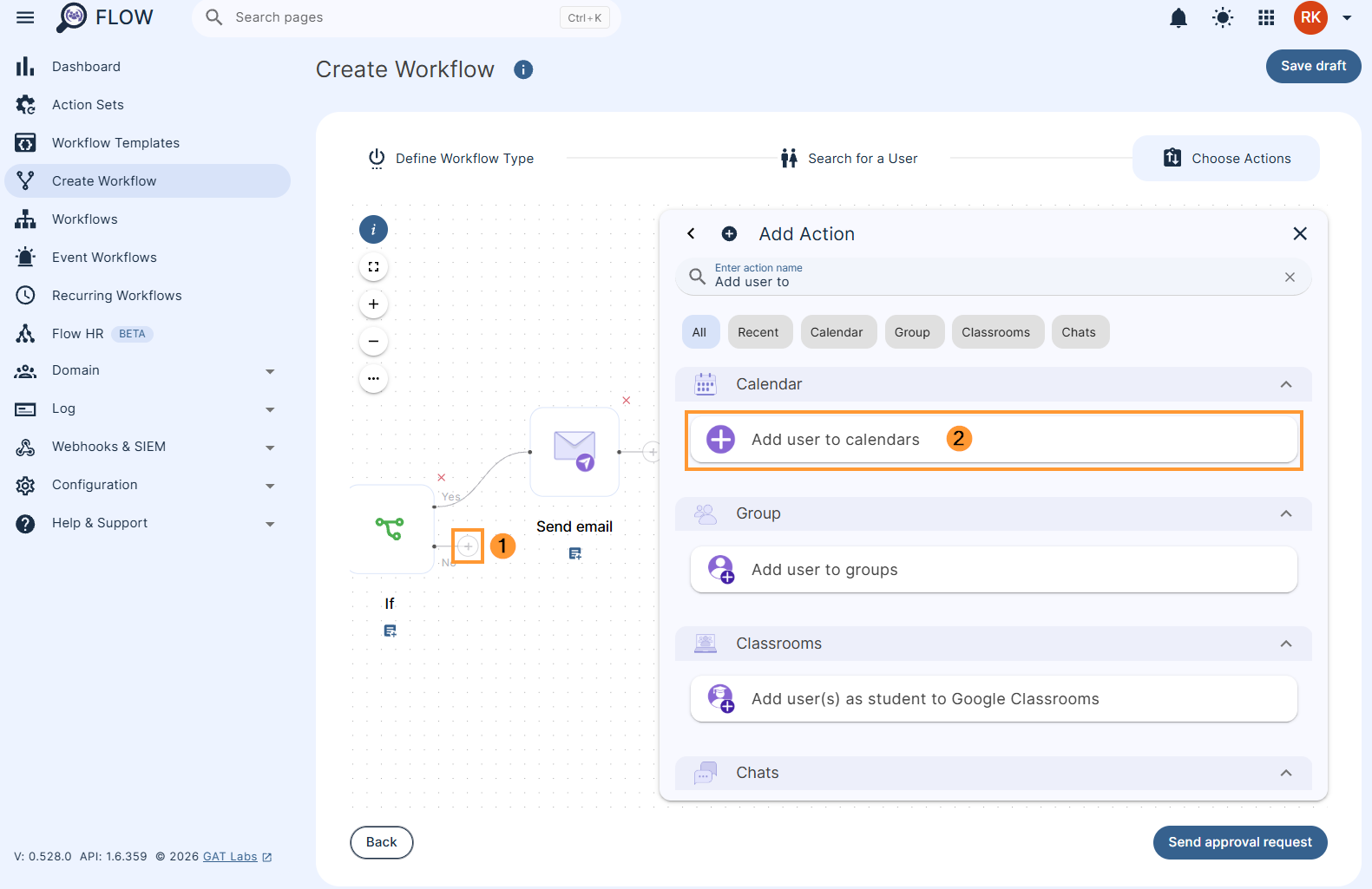 Adding the 'Add user to calendars' action to the no path of a condition in flow