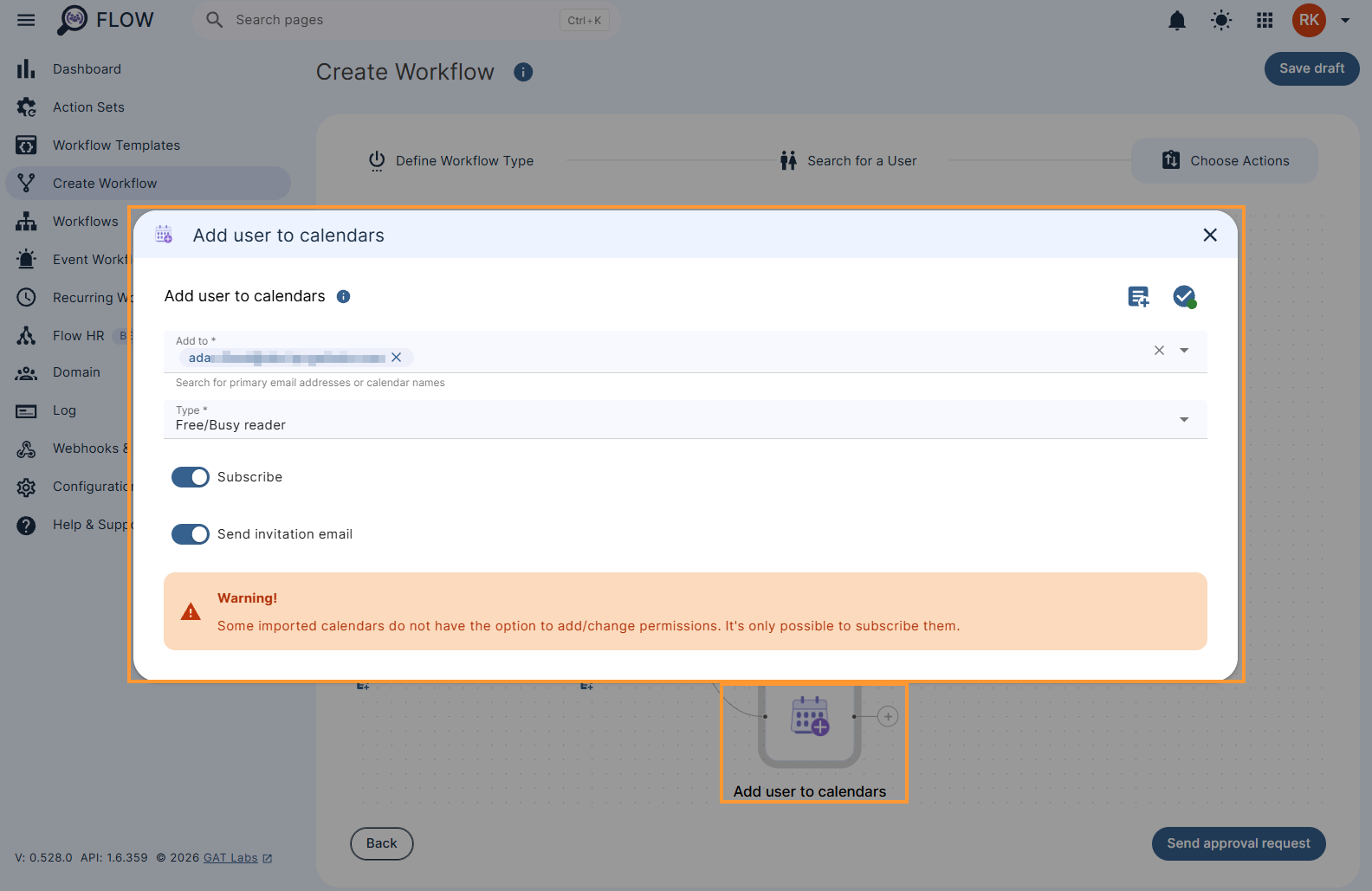 Editing the add user to calendars action in a workflow
