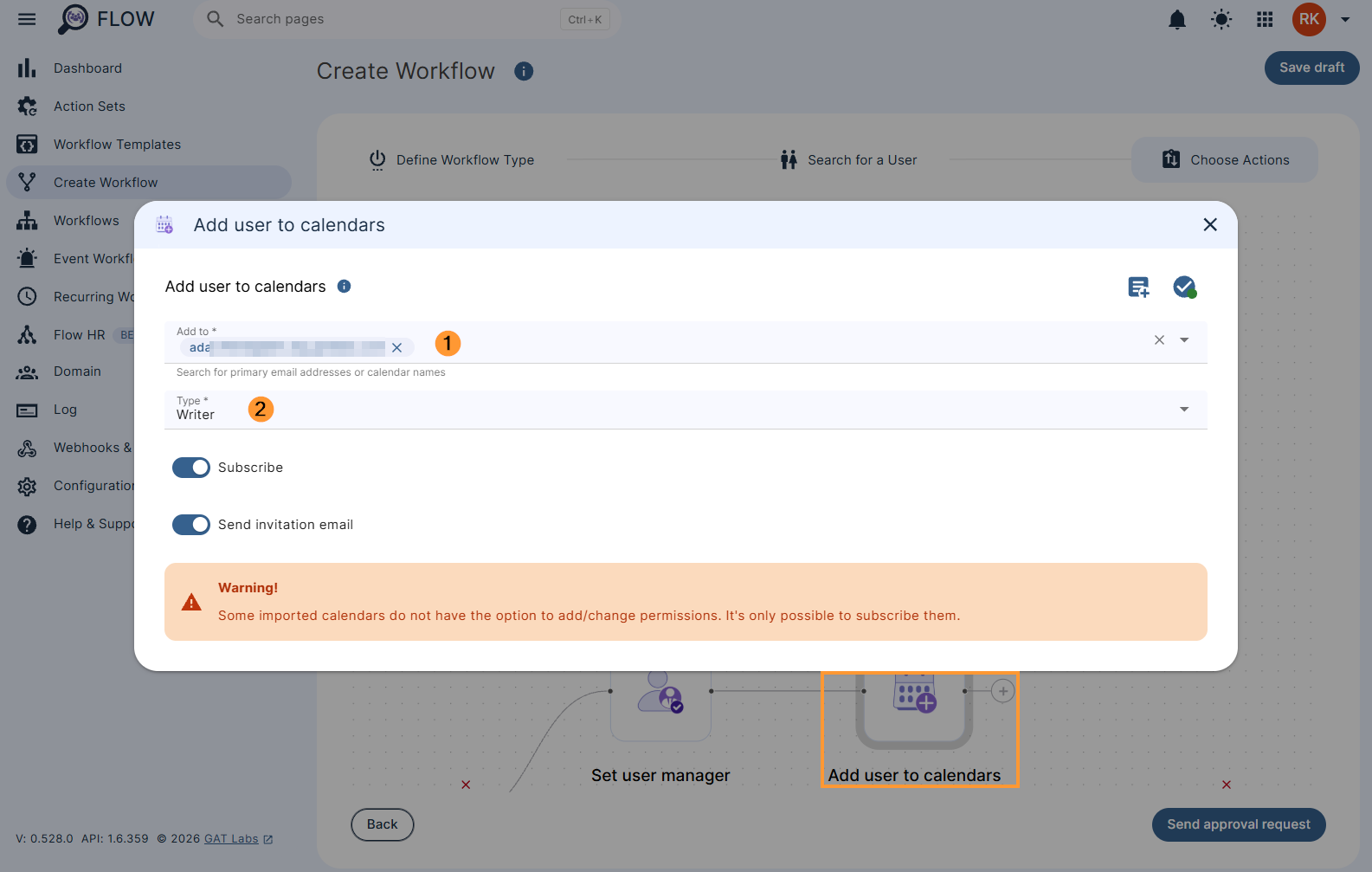 Editing the 'Add user to calendars' action in a workflow