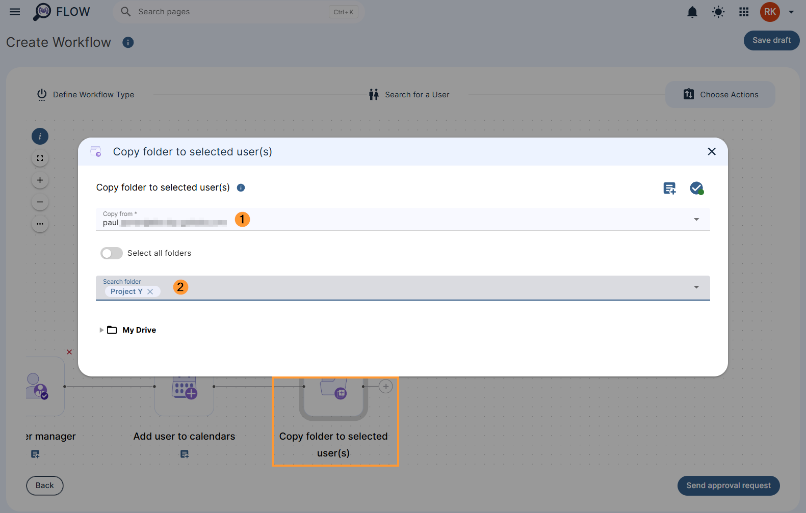 Editing the 'Copy folder to selected user(s)' action in a workflow