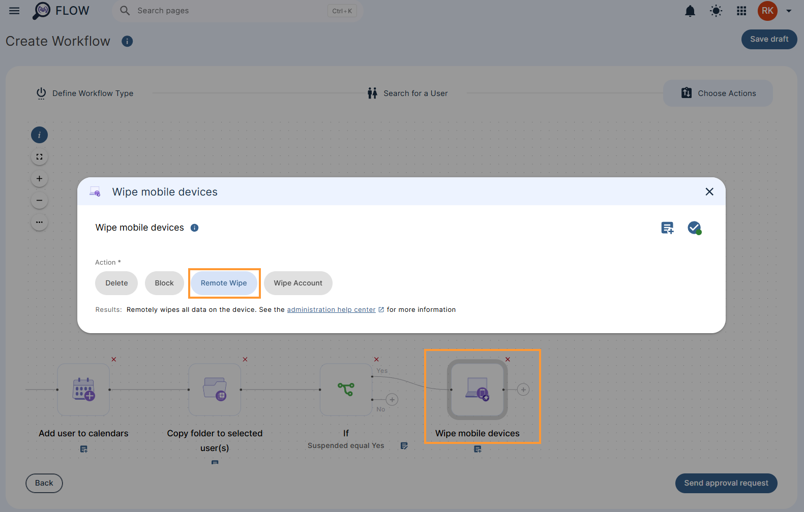 Editing the 'wipe mobile devices' action in a workflow