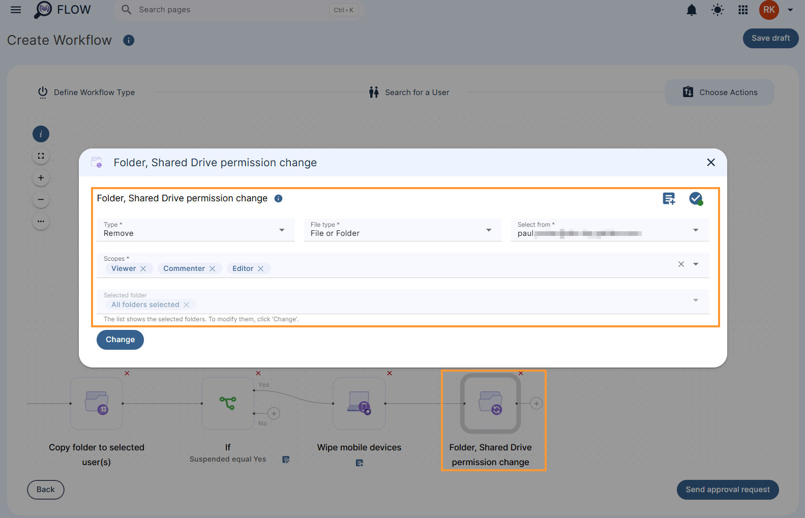 Editing the 'Folder, Shared Drive permission change' action in a workflow