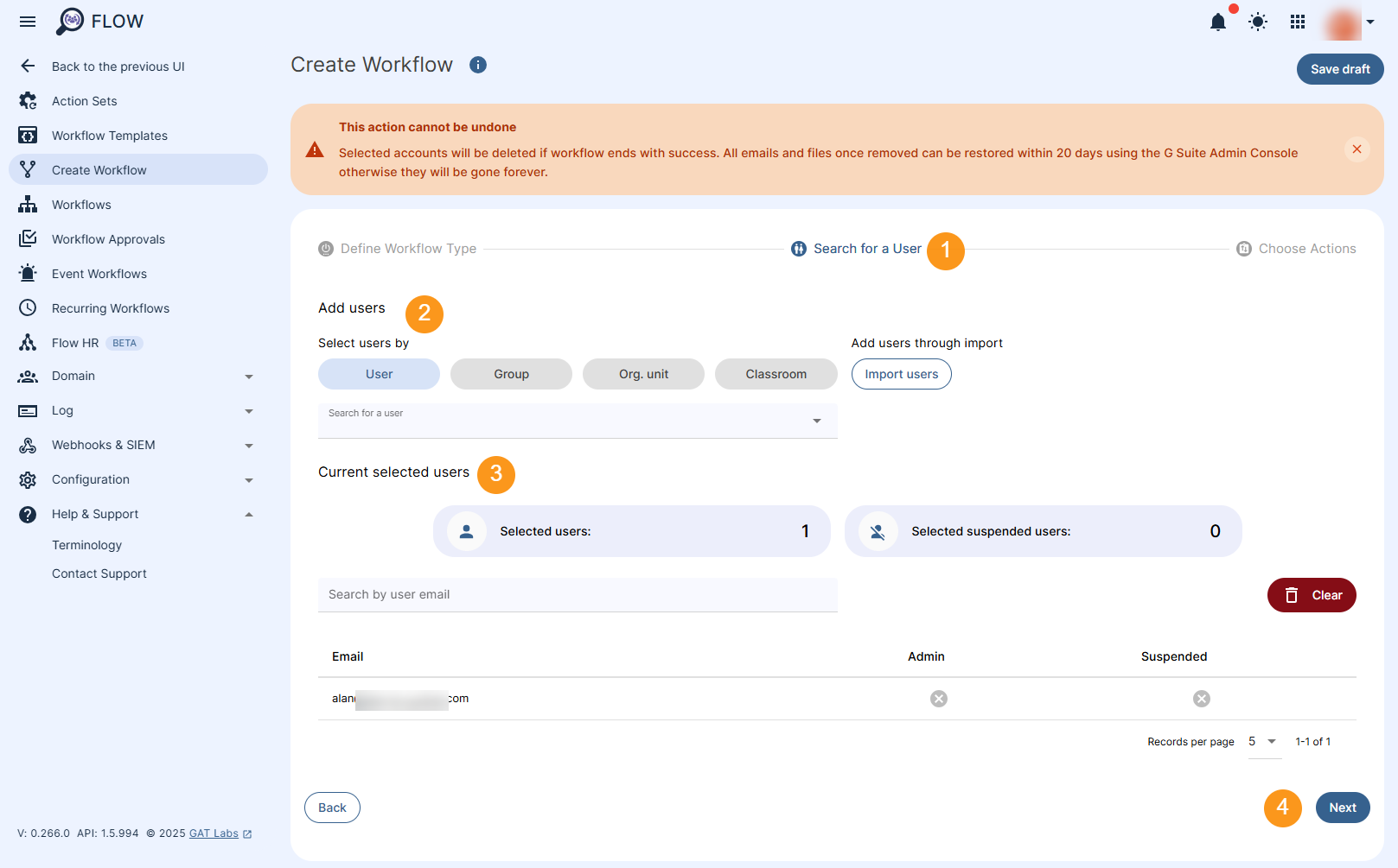 "Search for a user" section showing how to add an individual User, Group of users, Org. unit, Classroom, or add users through import option. "Next" button is shown to proceed to the next stage of creating the workflow.