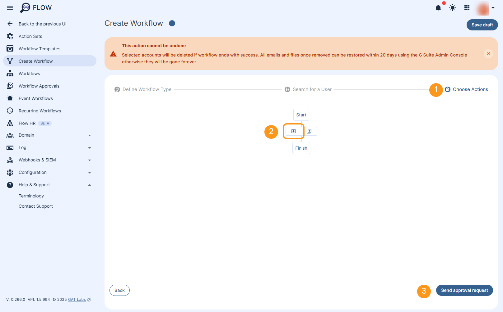 Choose Actions section showing how to add an individual action. "Send approval request" button is showing that allows sending the workflow to the Security Officer for verification.