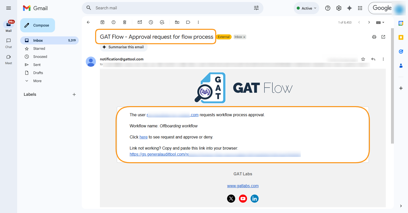 An automated email sent to Security Officer requesting to review the workflow.