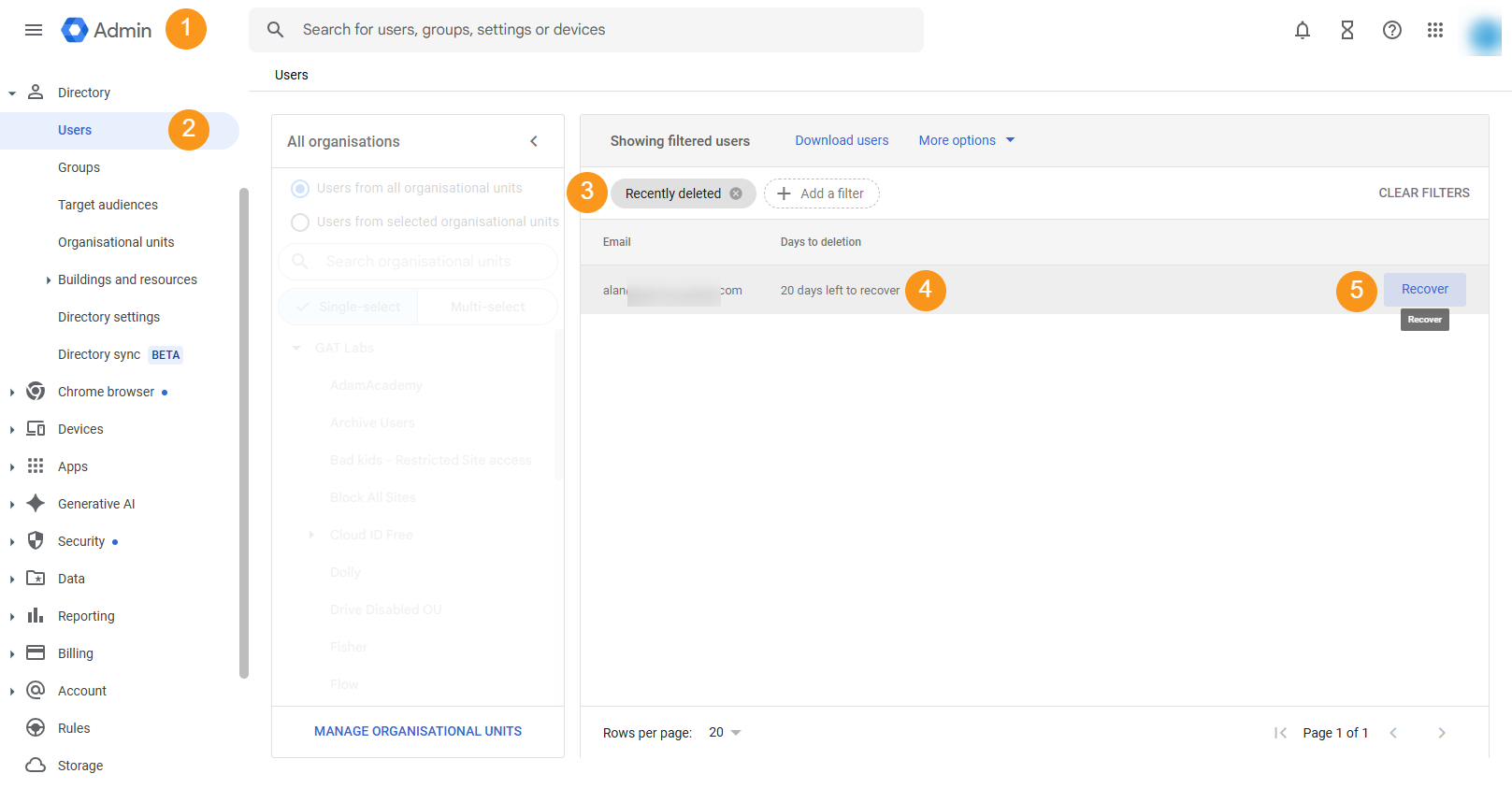 Google Admin console showing how to recover recently deleted user's account.