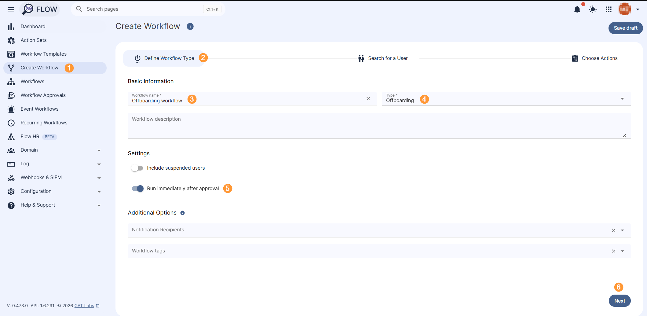 Image showing how to create an Offboarding workflow. Define the Offboarding workflow type, add basic workflow and process by clicking Next button.