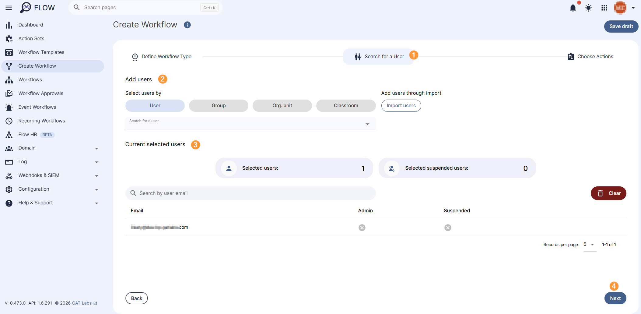 "Search for a user" section showing how to add an individual User, Group of users, Org. unit, Classroom, or add users through import option. "Next" button is shown to proceed to the next stage of creating the workflow.