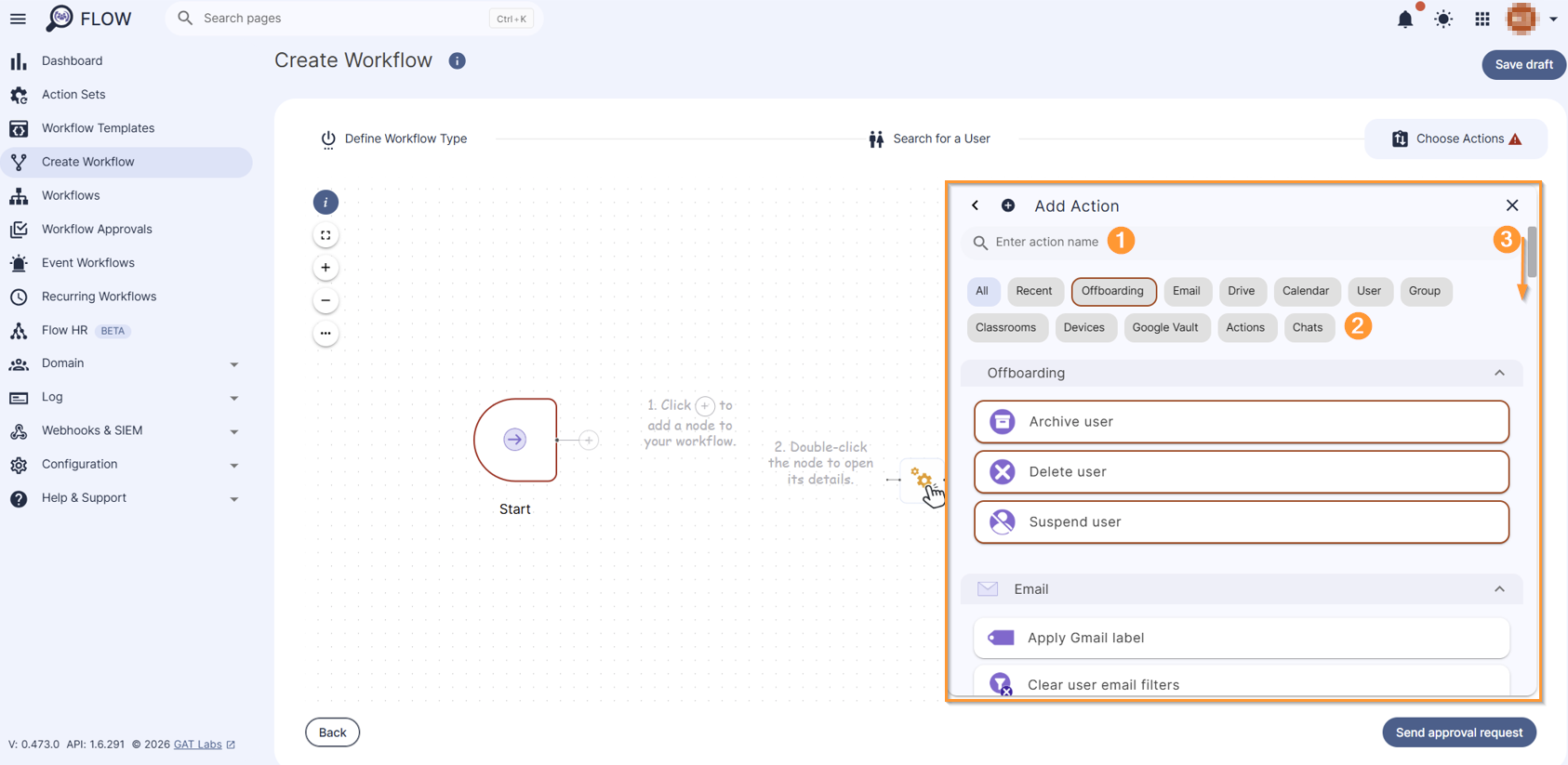 The image shows all available actions for offboarding workflow which can be searched (1) and categorized (2) for faster searching. You can also scroll down the list of actions (3).