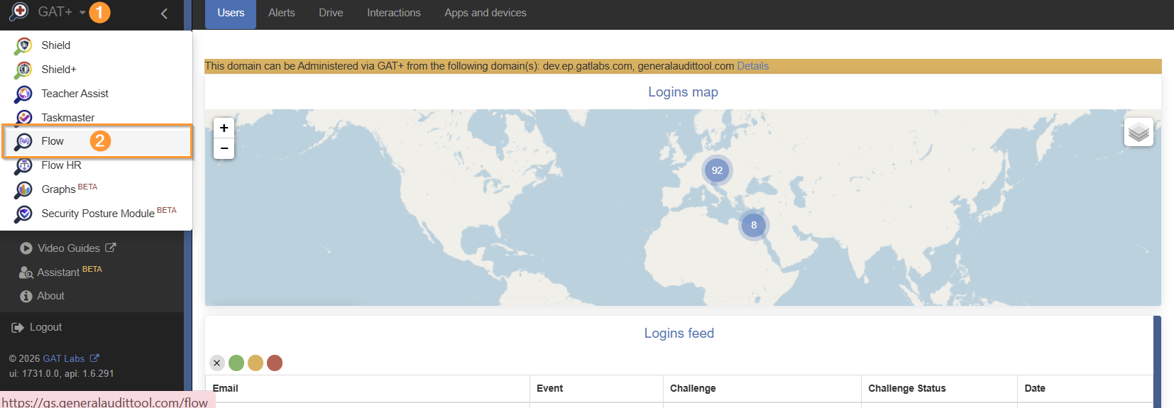 GAT+ dashboard with option to navigate to Flow tool.