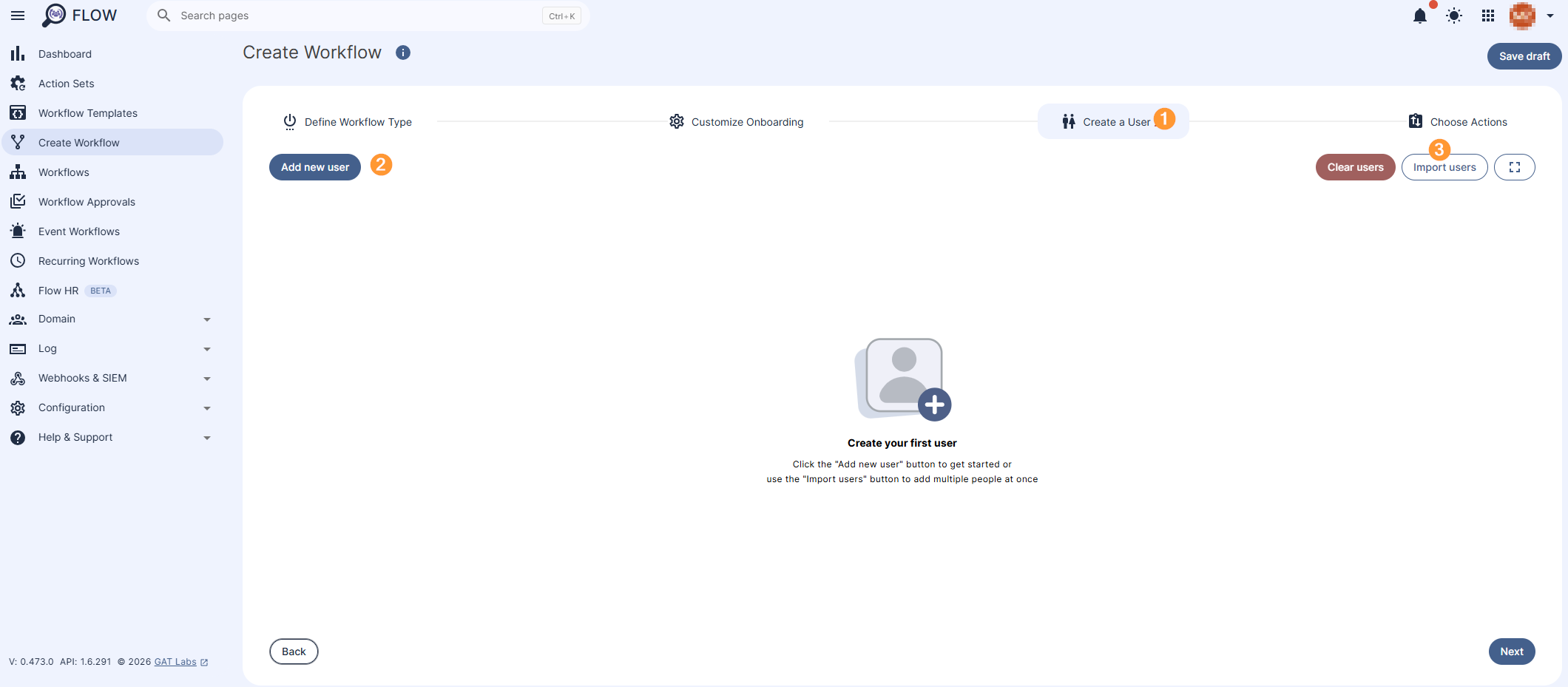 Image shows the Add new user and Import users option to create new users. 
