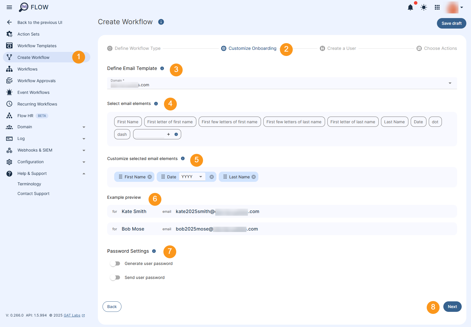 Customize Onboarding section allowing to select the user domain, select email elements to customize the new users' email address, preview the email, and setting up the password to be generated automatically and/or sent to a particular email address (both optional). Next button is displayed to procced to the next stage.