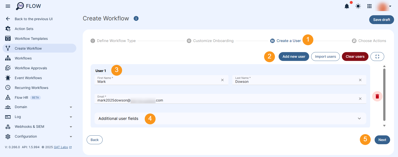 Create a User section is displayed that allows adding a users First and Last name (email address will be automatically generated based on those entries), and an Additional information (optional). Next button is available to move to the next stage of the process.