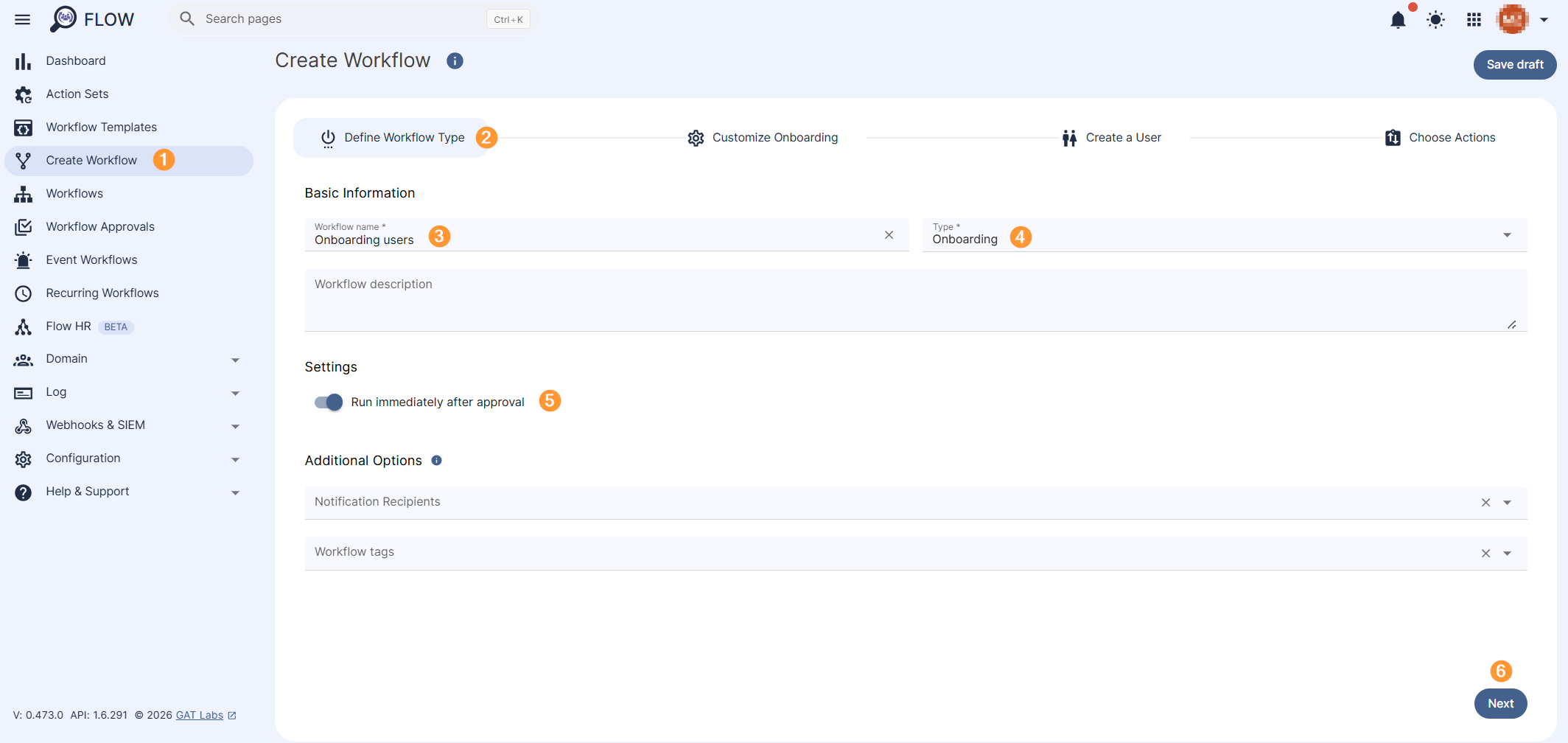 Define Workflow Type section allowing to create onboarding workflow, adding a workflow name, set workflow type to Onboarding, and click Next to proceed. 