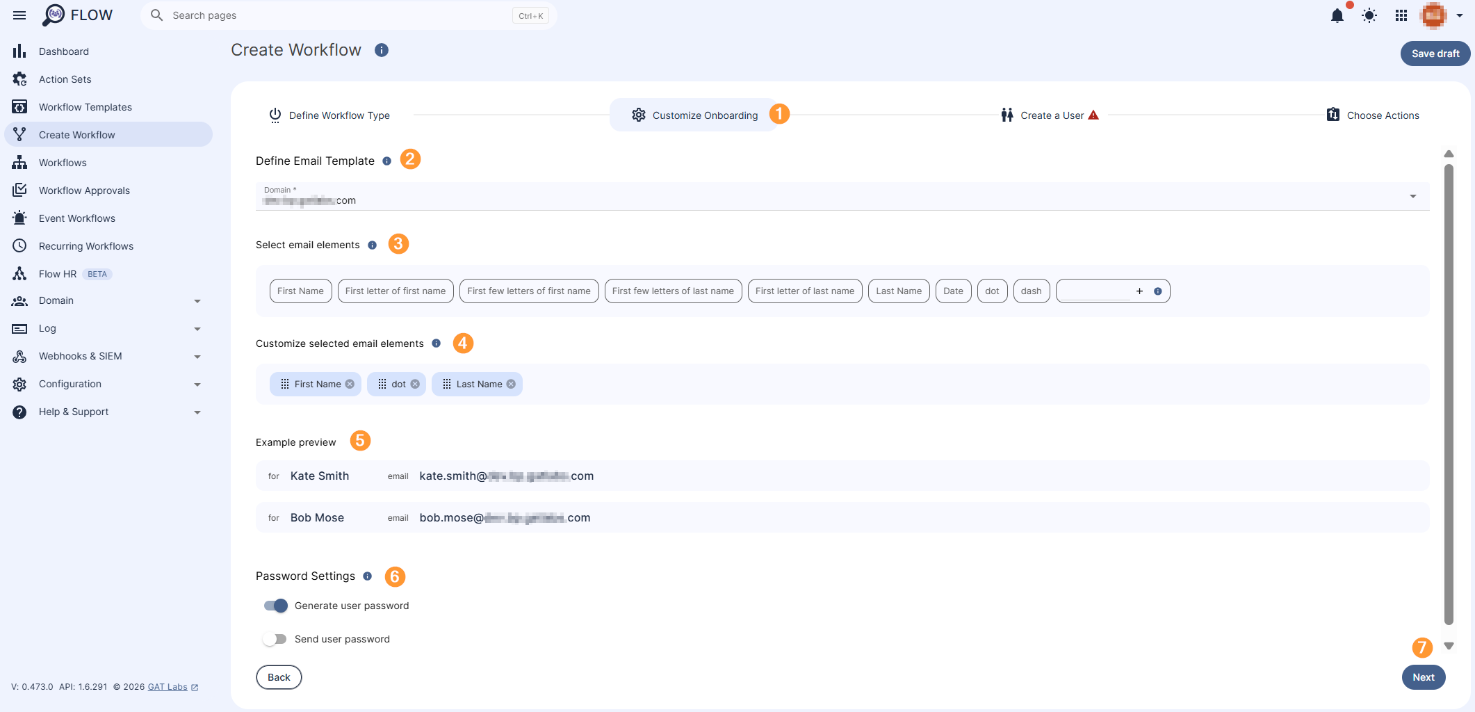 Customize Onboarding section allowing to select the user domain, select email elements to customize the new users' email address, preview the email, and setting up the password to be generated automatically and/or sent to a particular email address (both optional). Next button is displayed to procced to the next stage. 
