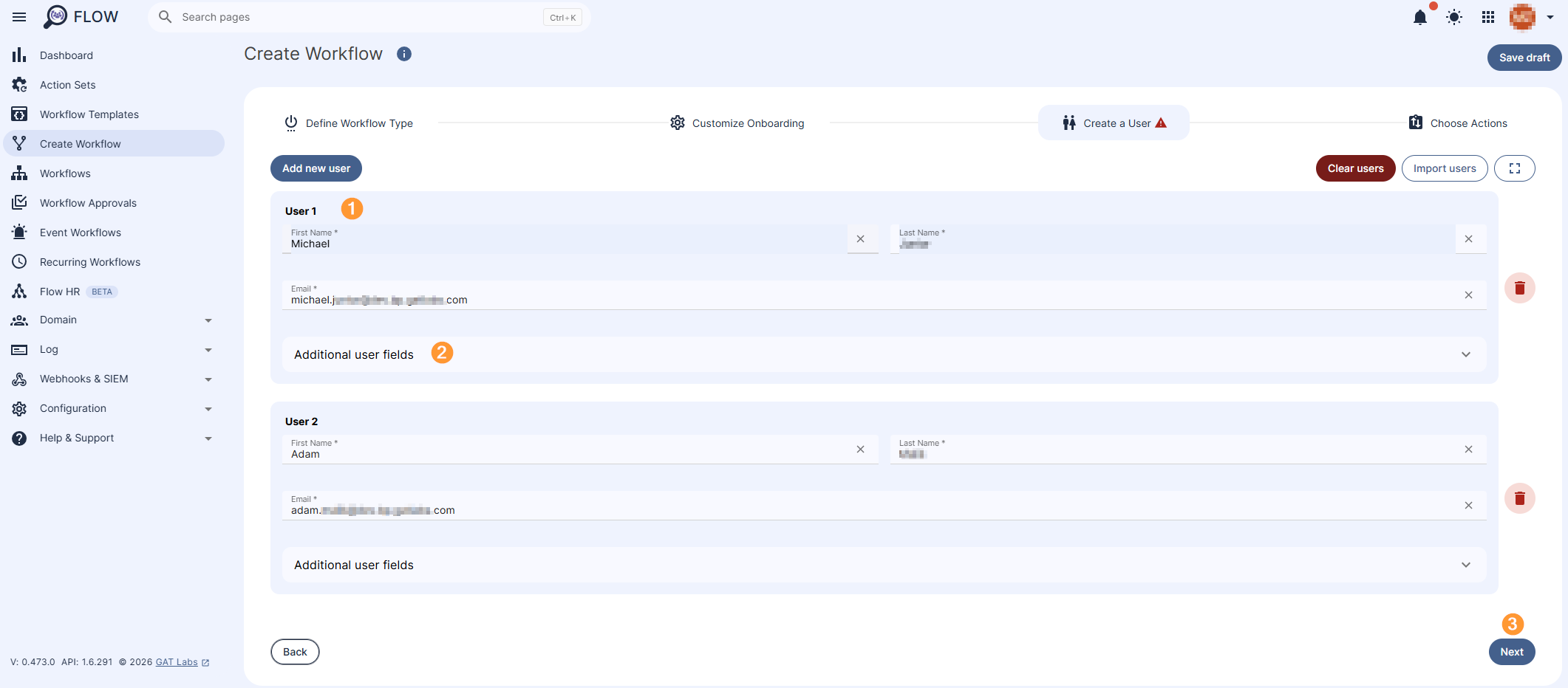 Create a User section is displayed that allows adding a users First and Last name (email address will be automatically generated based on those entries), and an Additional information (optional). Next button is available to move to the next stage of the process. 