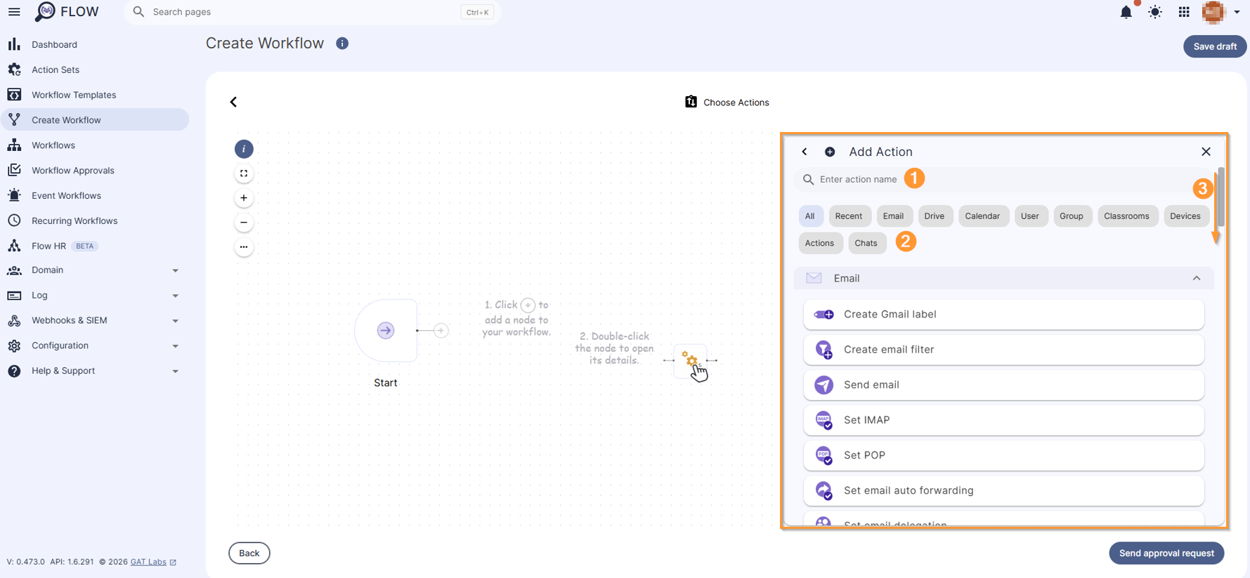 Image shows available actions for onboarding workflow, which can be searched (1) and categorized (2) for faster searching. You can also scroll down the list of actions (3).