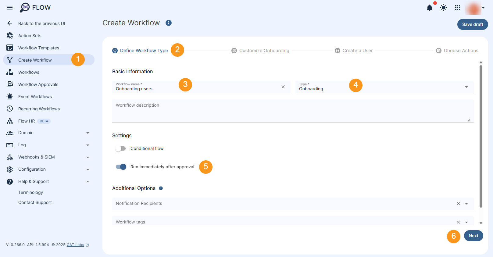Define Workflow Type section allowing to create onboarding workflow, adding a workflow name, set workflow type to Onboarding, and click Next to proceed.