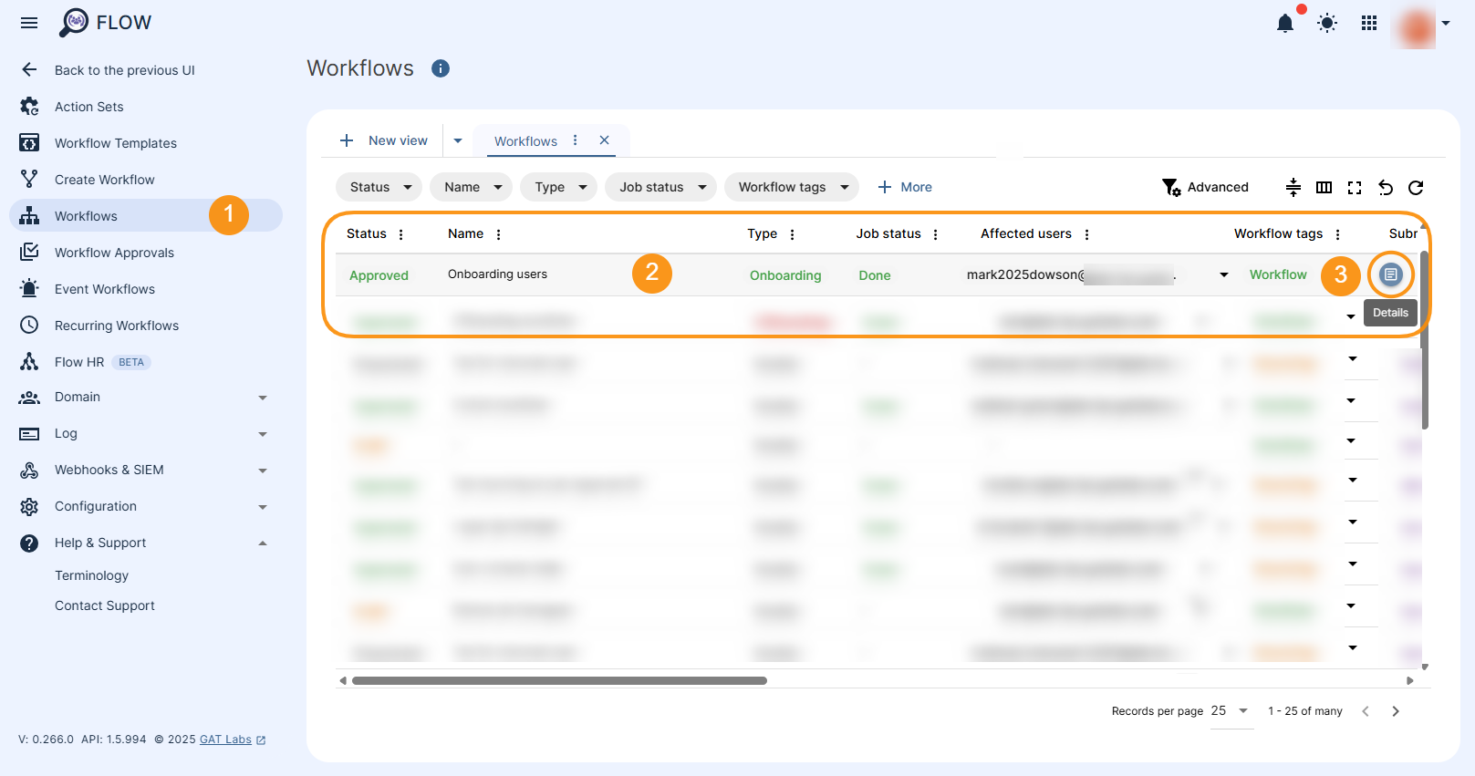 GAT Flow Workflows section is displayed from where the workflow details can be reviewed.