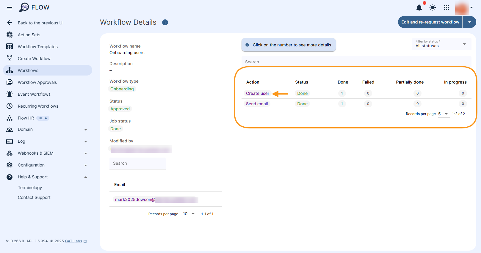 Workflow details are displayed with the top action showing as - Create user - resulting from onboarding workflow.