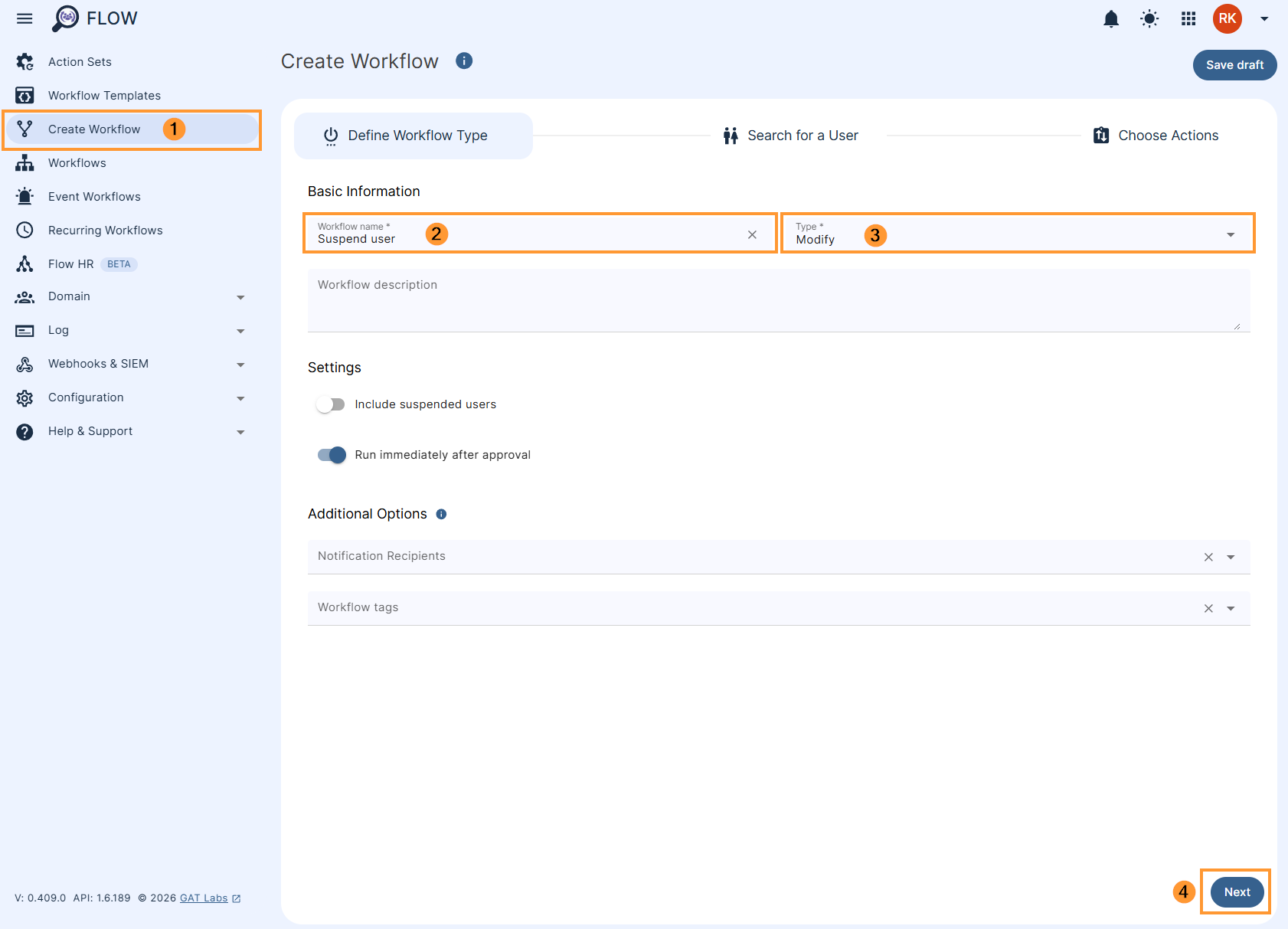 Creating a 'suspend user' workflow in GAT Flow