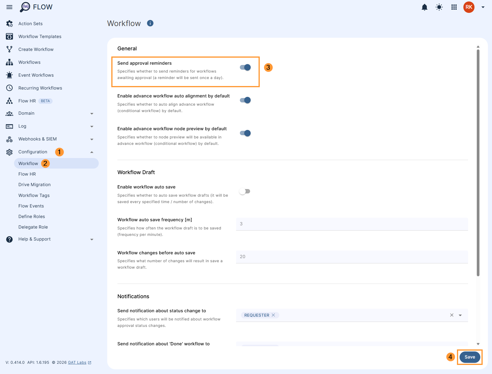 Send approval reminders configuration settings in GAT Flow