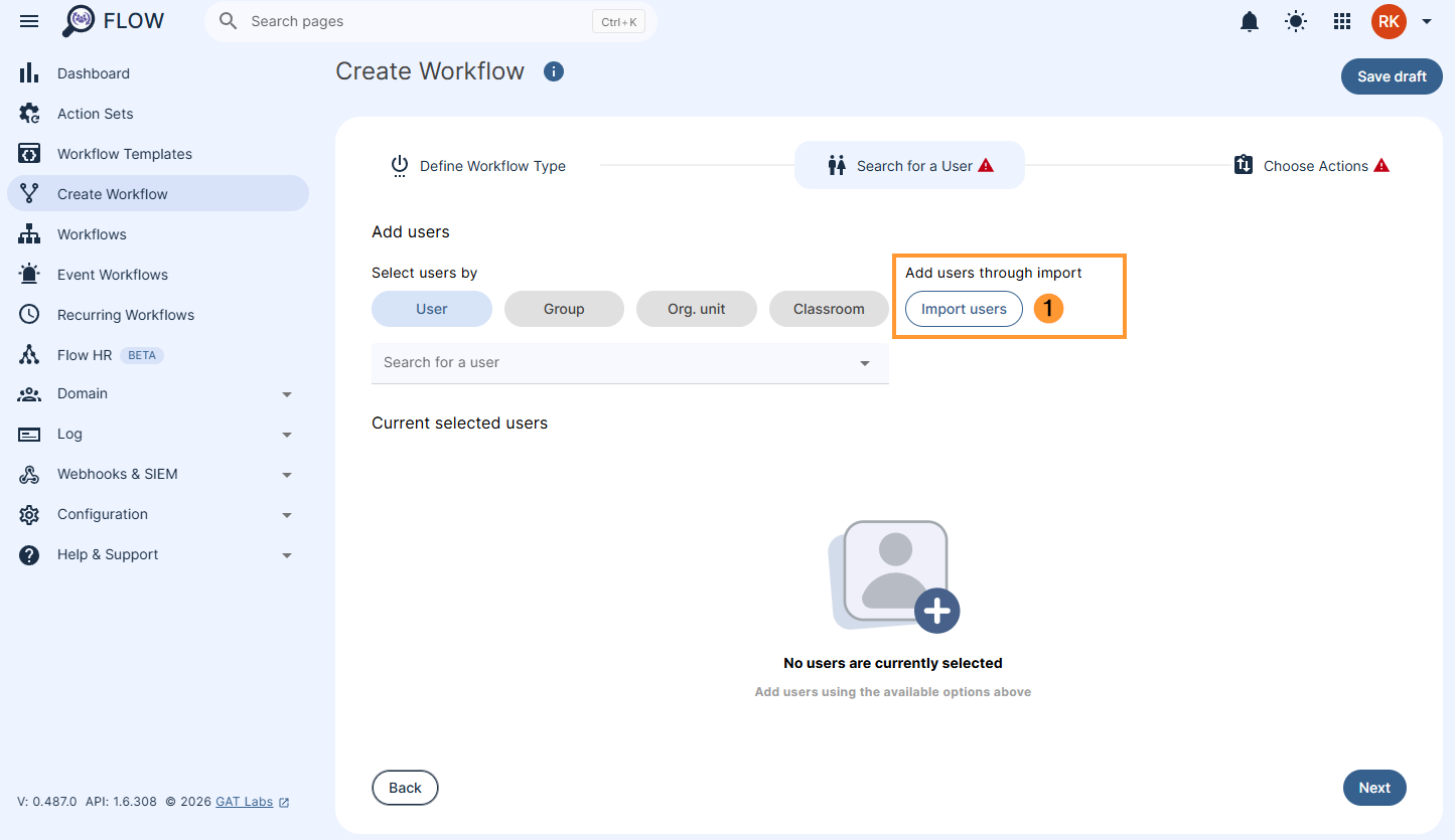 Import users section of the Workflow