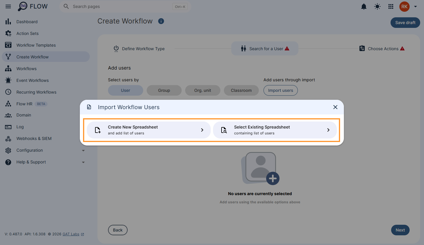 Import users dialogue box