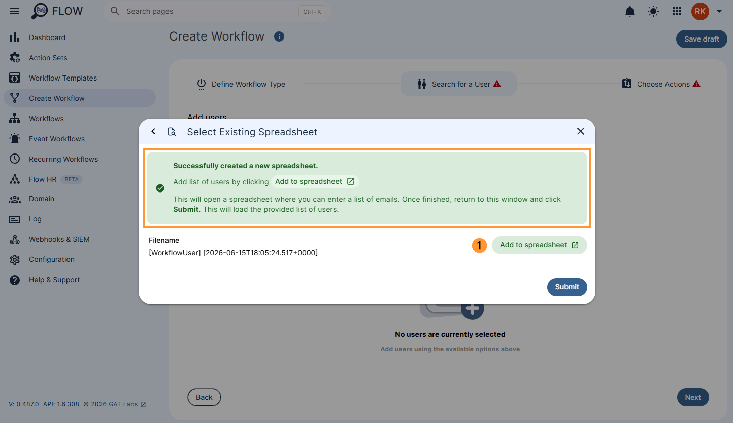 Successfully created new spreadsheet pop-up.