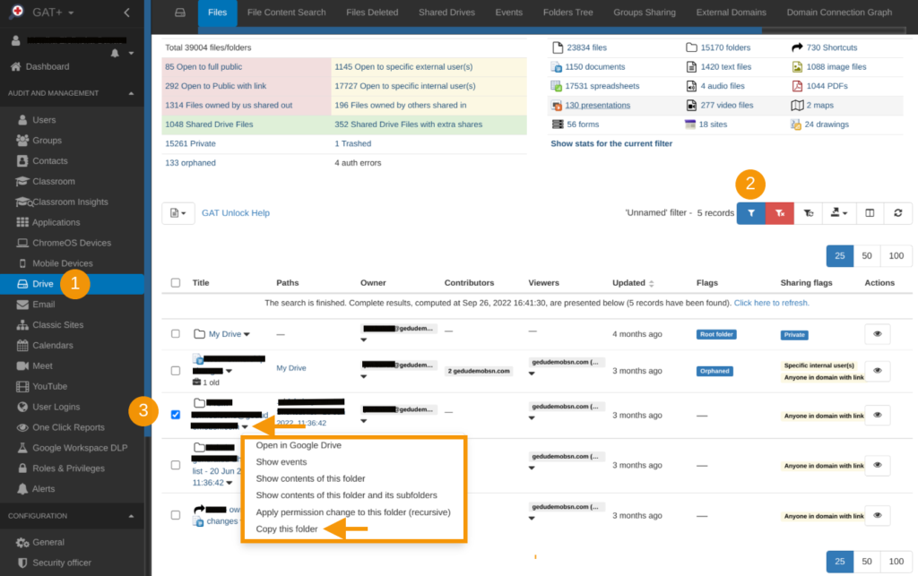 Apply filter and select folders to copy in GAT console