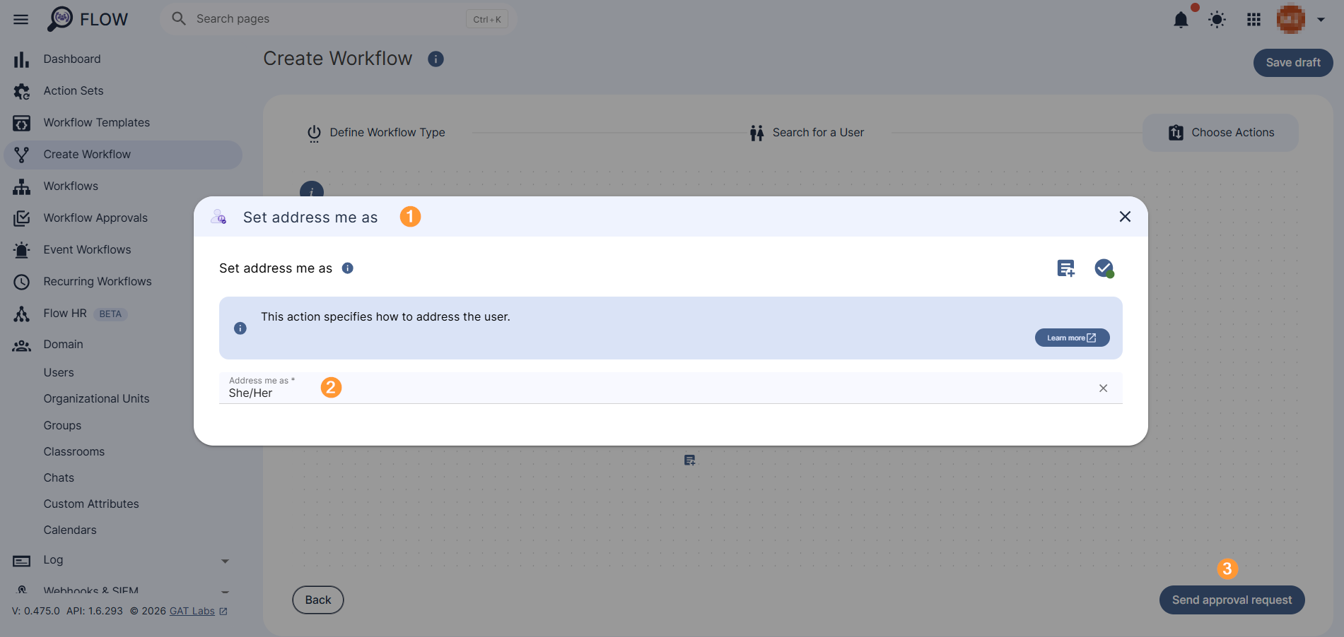 "Set address me as" action configuration section where the address me as value can be added.